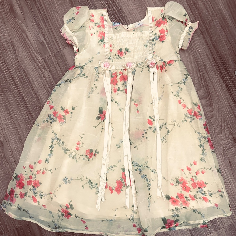 Little Lindsey 4T Vintage Floral Chiffon Dress Yellow Pink Rosettes ribbon